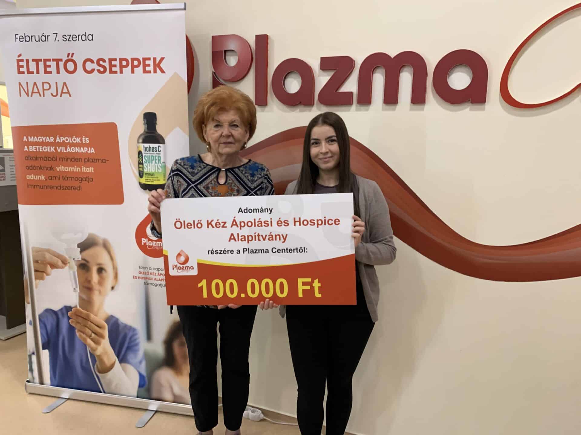 100.000 Ftot adományozott a Plazma Center az Ölelő Kéz Alapítványnak